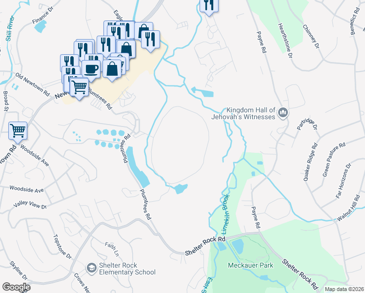 map of restaurants, bars, coffee shops, grocery stores, and more near 23 Plumtrees Road in Danbury