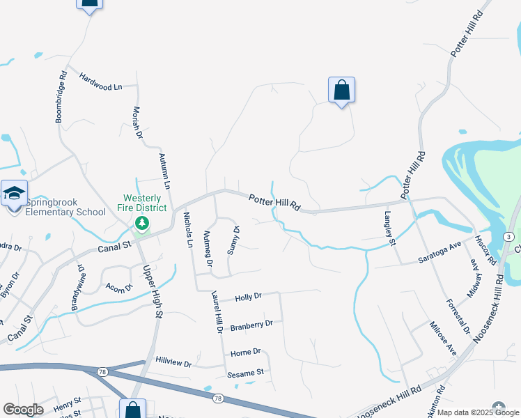 map of restaurants, bars, coffee shops, grocery stores, and more near 47A Potter Hill Road in Westerly