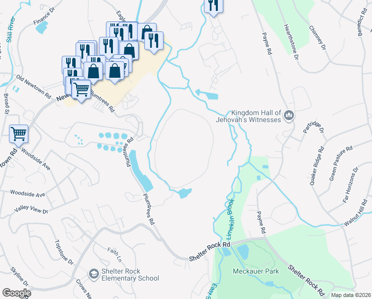 map of restaurants, bars, coffee shops, grocery stores, and more near 23 Plumtrees Road in Danbury