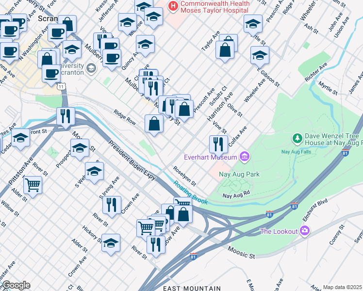 map of restaurants, bars, coffee shops, grocery stores, and more near 302 Harrison Avenue in Scranton