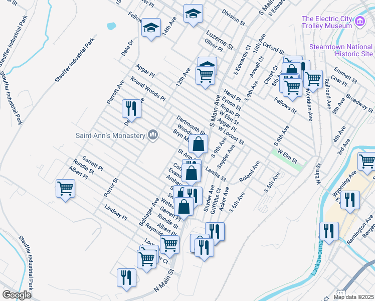map of restaurants, bars, coffee shops, grocery stores, and more near 1121 Saint Ann Street in Scranton