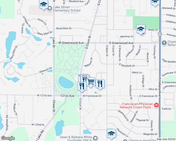 map of restaurants, bars, coffee shops, grocery stores, and more near 201-299 Grace Court in Crown Point