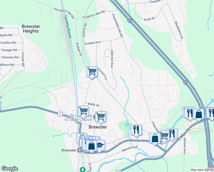 map of restaurants, bars, coffee shops, grocery stores, and more near 71 Forest Lane in Brewster