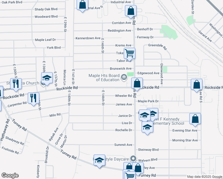 map of restaurants, bars, coffee shops, grocery stores, and more near 14712 Rockside Road in Maple Heights