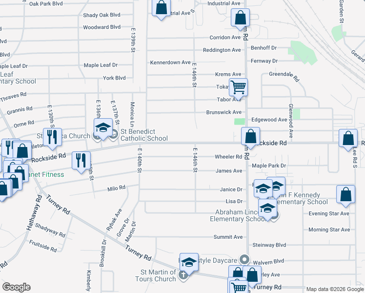 map of restaurants, bars, coffee shops, grocery stores, and more near 14405 Wheeler Road in Maple Heights