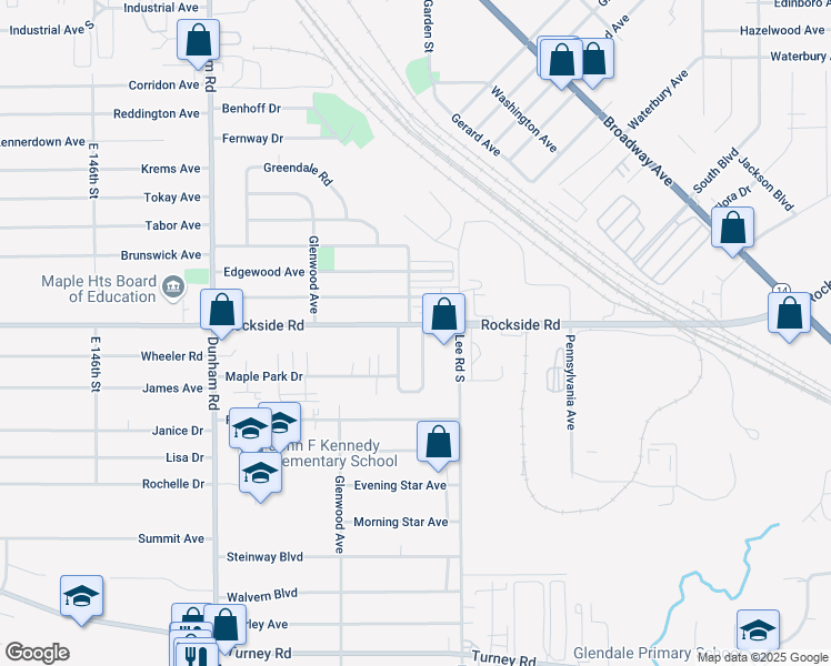 map of restaurants, bars, coffee shops, grocery stores, and more near 16270 Rockside Road in Maple Heights
