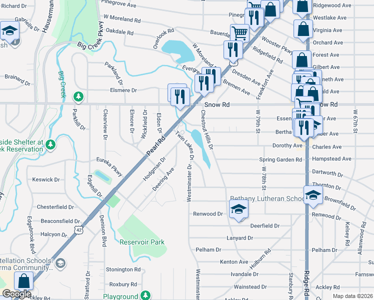 map of restaurants, bars, coffee shops, grocery stores, and more near 5927 Deering Avenue in Parma Heights