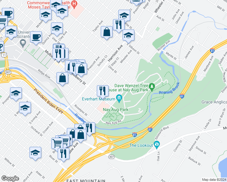 map of restaurants, bars, coffee shops, grocery stores, and more near 448 Colfax Avenue in Scranton