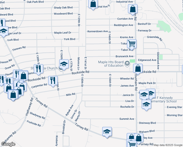 map of restaurants, bars, coffee shops, grocery stores, and more near 14112 Rockside Road in Maple Heights