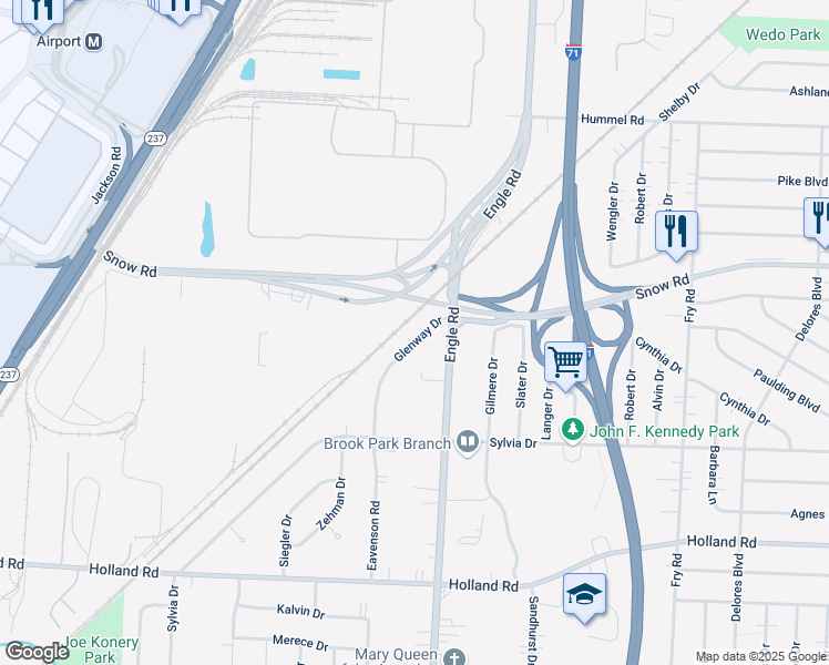 map of restaurants, bars, coffee shops, grocery stores, and more near 5970 Glenway Drive in Brook Park