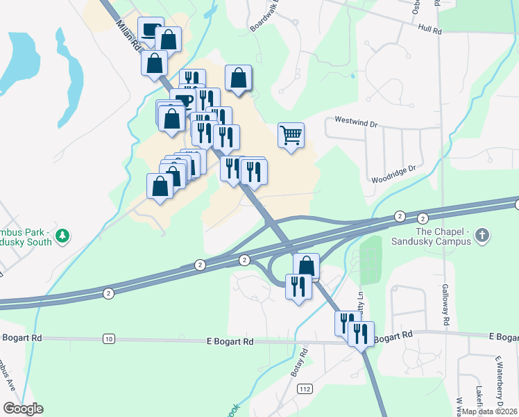 map of restaurants, bars, coffee shops, grocery stores, and more near 5901 Milan Rd in Sandusky
