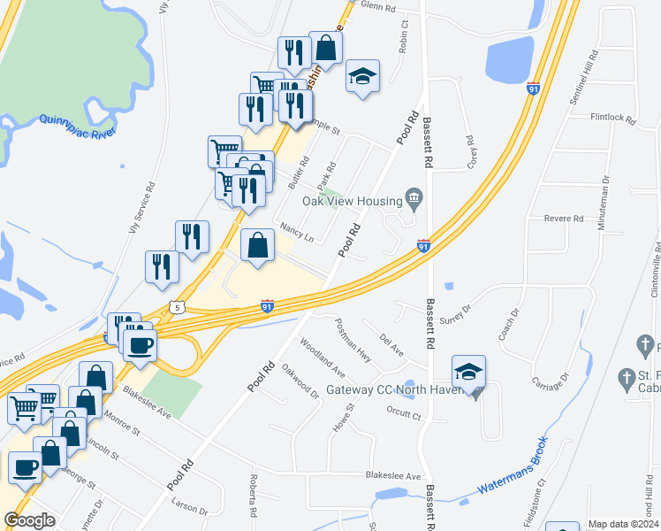 map of restaurants, bars, coffee shops, grocery stores, and more near 429 Pool Road in North Haven