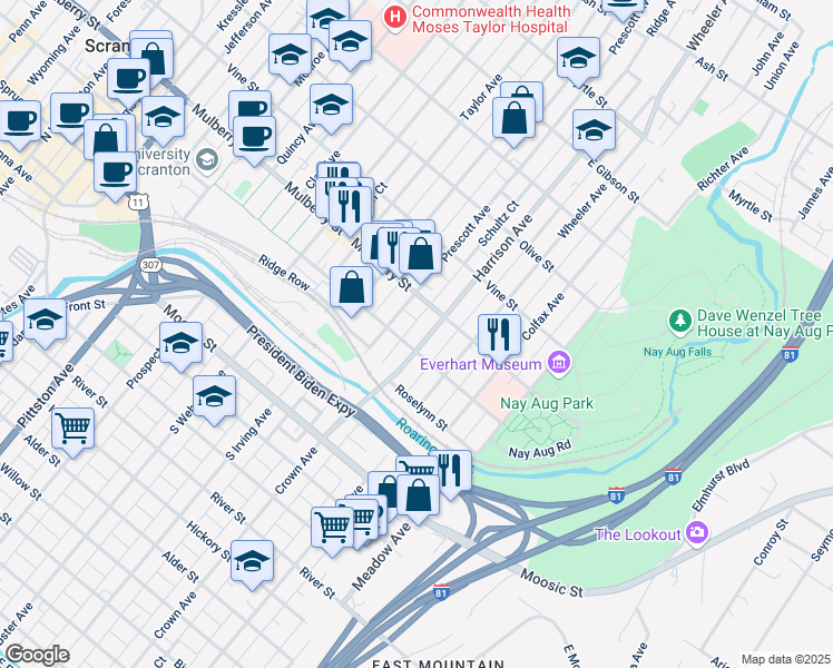 map of restaurants, bars, coffee shops, grocery stores, and more near 302 Harrison Avenue in Scranton