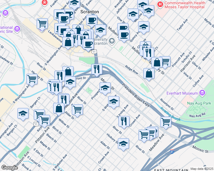 map of restaurants, bars, coffee shops, grocery stores, and more near 121 Donnelly Court in Scranton