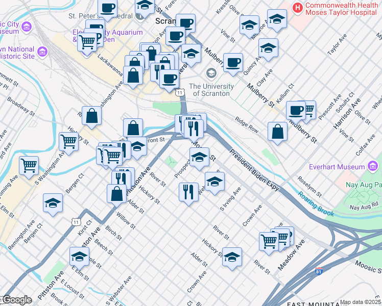 map of restaurants, bars, coffee shops, grocery stores, and more near 542 Hemlock Street in Scranton