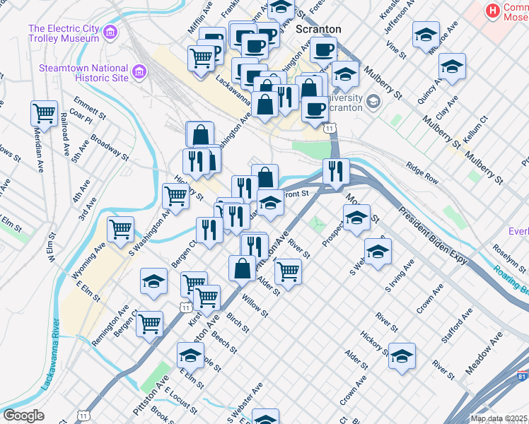 map of restaurants, bars, coffee shops, grocery stores, and more near 422 South River Street in Scranton