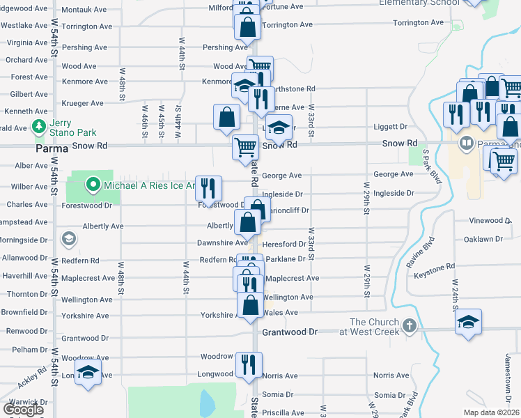 map of restaurants, bars, coffee shops, grocery stores, and more near 3438 Commonwealth Drive in Parma