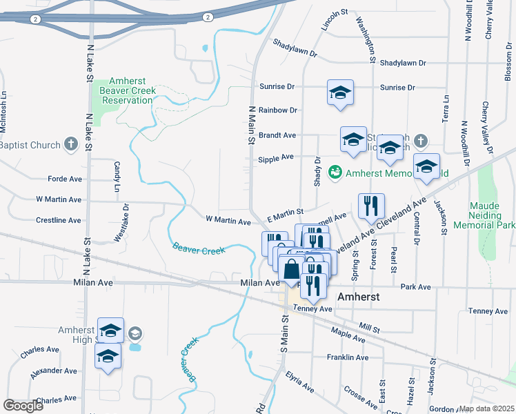 map of restaurants, bars, coffee shops, grocery stores, and more near 109 East Martin Street in Amherst
