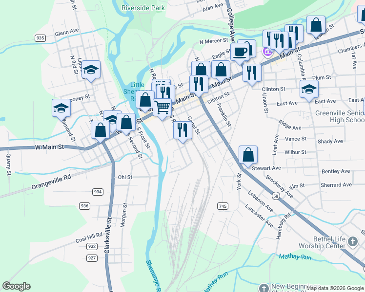 map of restaurants, bars, coffee shops, grocery stores, and more near 19 Liberty Street in Greenville