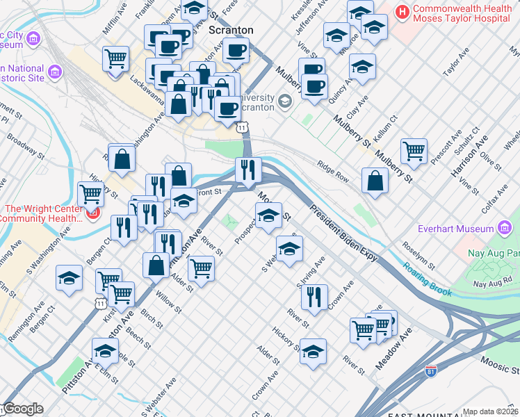map of restaurants, bars, coffee shops, grocery stores, and more near 542 Hemlock Street in Scranton