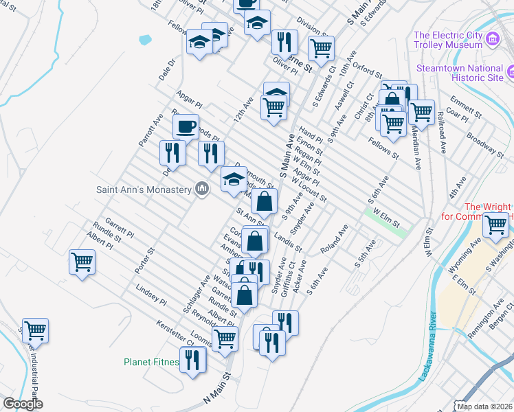 map of restaurants, bars, coffee shops, grocery stores, and more near 1121 Saint Ann Street in Scranton