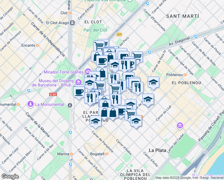 map of restaurants, bars, coffee shops, grocery stores, and more near 123 Carrer de la Ciutat de Granada in Barcelona