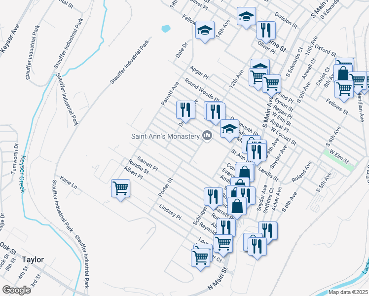 map of restaurants, bars, coffee shops, grocery stores, and more near 1314 1/2 Amherst Street in Scranton