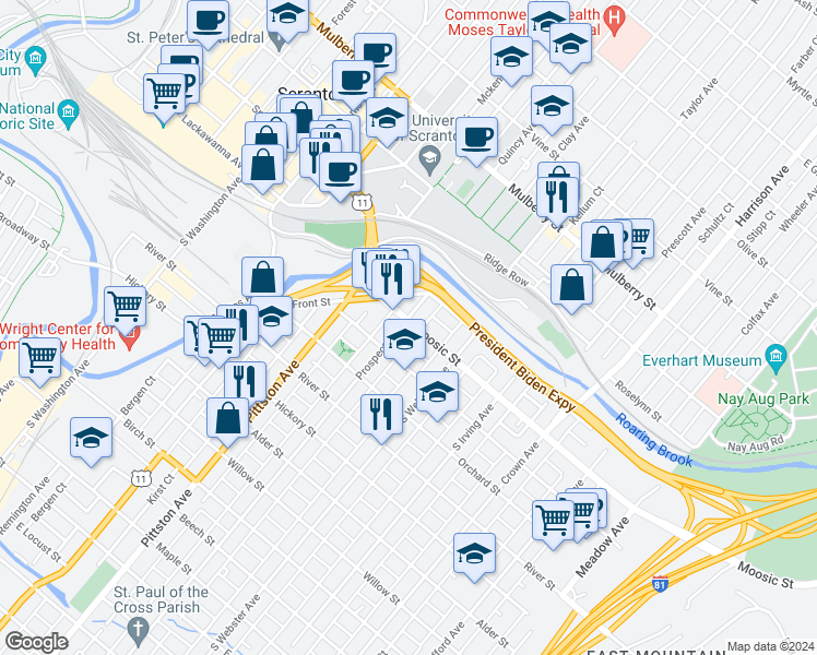 map of restaurants, bars, coffee shops, grocery stores, and more near 101 Prospect Avenue in Scranton