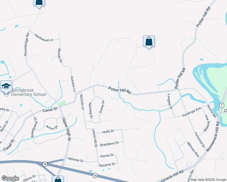 map of restaurants, bars, coffee shops, grocery stores, and more near 47A Potter Hill Road in Westerly
