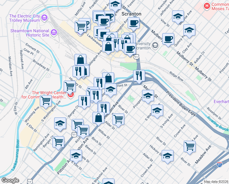 map of restaurants, bars, coffee shops, grocery stores, and more near 314 Pittston Avenue in Scranton