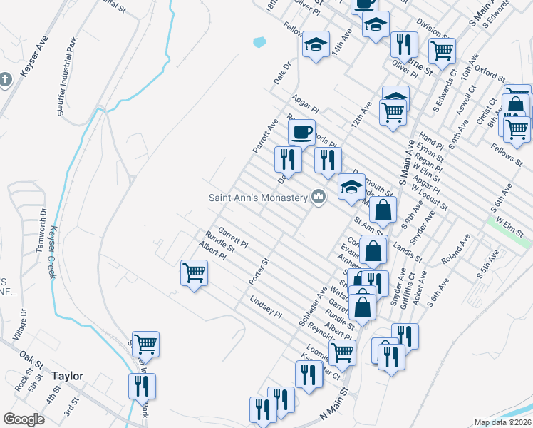 map of restaurants, bars, coffee shops, grocery stores, and more near 1317 Sloan Street in Scranton