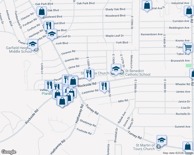 map of restaurants, bars, coffee shops, grocery stores, and more near 13205 Rockside Road in Garfield Heights