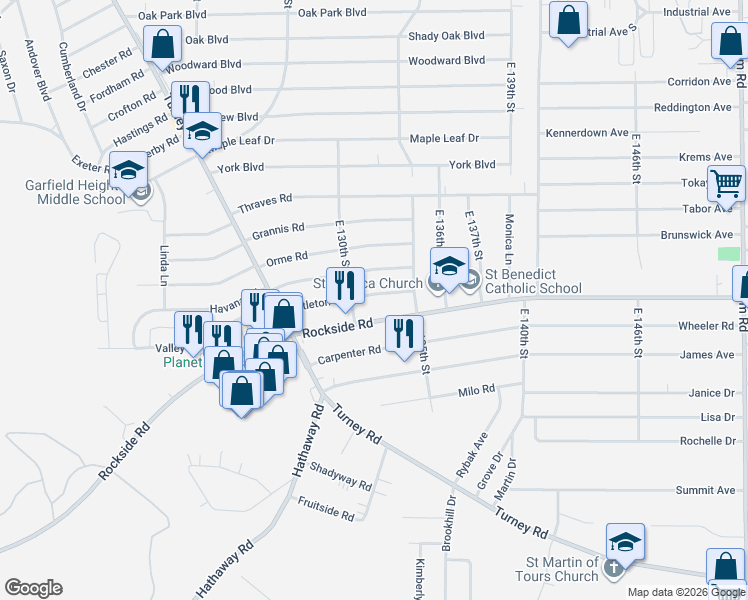 map of restaurants, bars, coffee shops, grocery stores, and more near 13205 Rockside Road in Garfield Heights