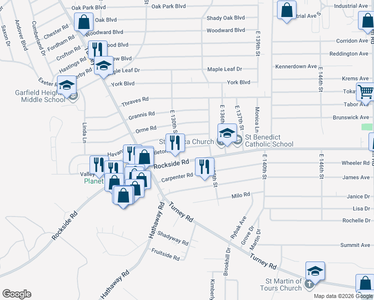 map of restaurants, bars, coffee shops, grocery stores, and more near 13205 Rockside Road in Garfield Heights