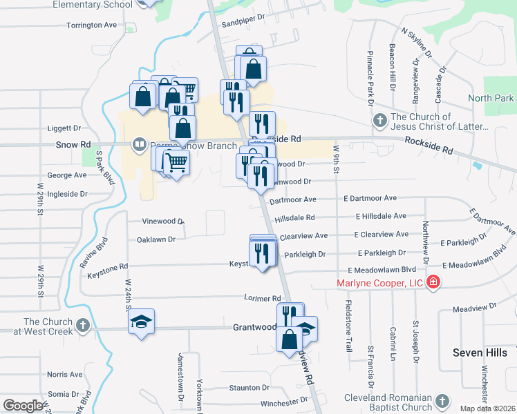 map of restaurants, bars, coffee shops, grocery stores, and more near 5930 Broadview Road in Parma