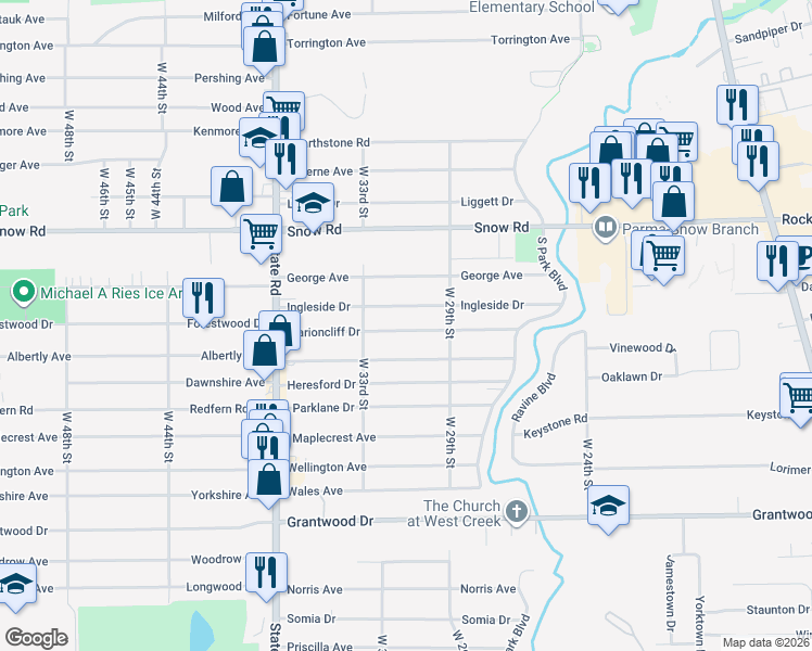 map of restaurants, bars, coffee shops, grocery stores, and more near 3010 Commonwealth Drive in Parma