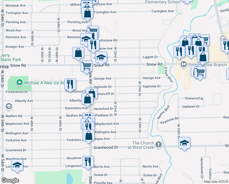 map of restaurants, bars, coffee shops, grocery stores, and more near 3210 Commonwealth Drive in Parma