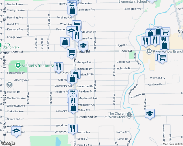 map of restaurants, bars, coffee shops, grocery stores, and more near 3322 Commonwealth Drive in Parma