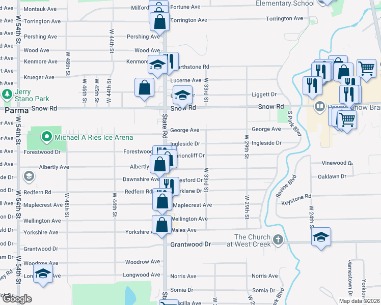 map of restaurants, bars, coffee shops, grocery stores, and more near 3322 Commonwealth Drive in Parma