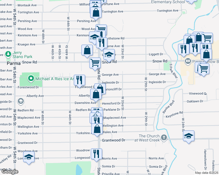 map of restaurants, bars, coffee shops, grocery stores, and more near 3438 Commonwealth Drive in Parma