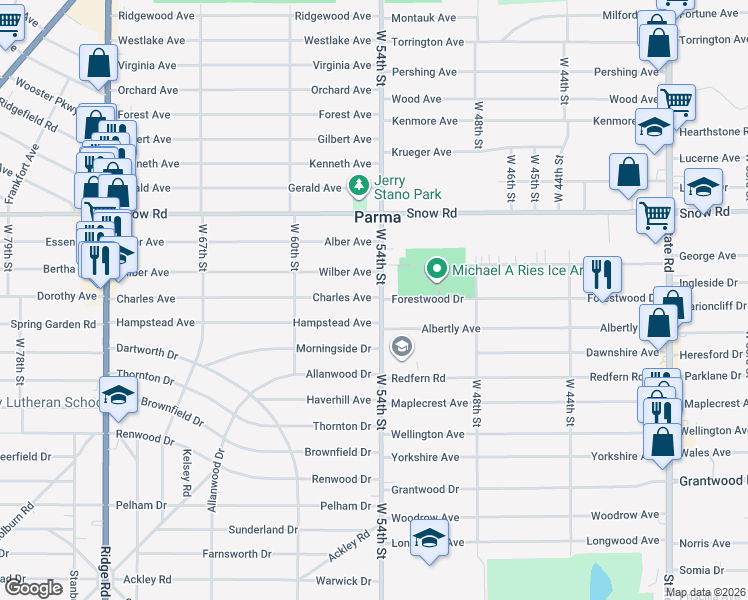 map of restaurants, bars, coffee shops, grocery stores, and more near 5924 West 54th Street in Parma