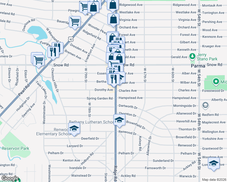 map of restaurants, bars, coffee shops, grocery stores, and more near 5928 Ridge Road in Parma