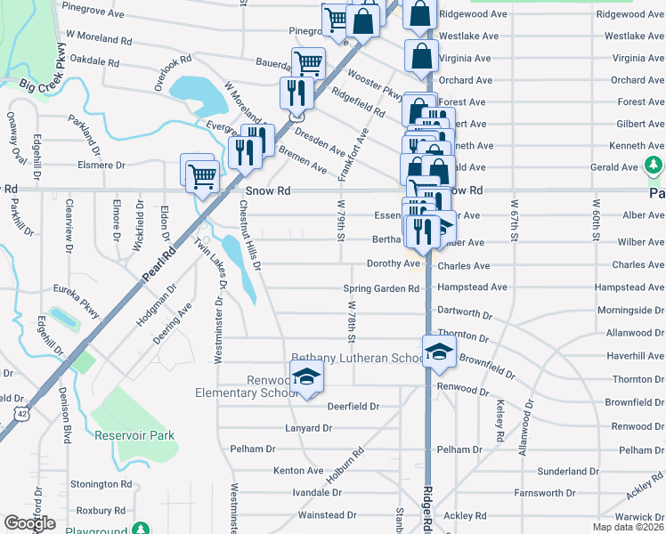 map of restaurants, bars, coffee shops, grocery stores, and more near 7916 Spring Garden Road in Parma