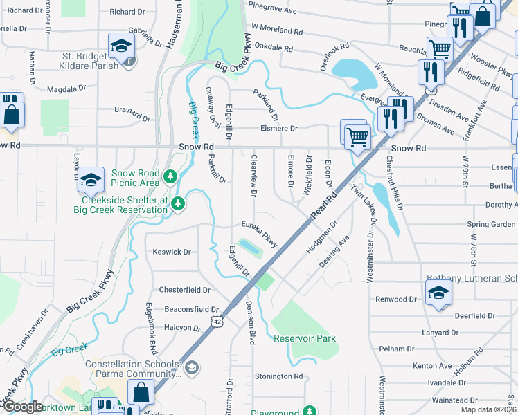 map of restaurants, bars, coffee shops, grocery stores, and more near 5931 Clearview Drive in Parma Heights