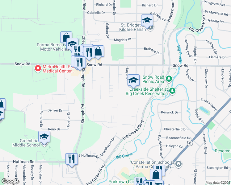 map of restaurants, bars, coffee shops, grocery stores, and more near 5941 Kings Highway in Parma Heights