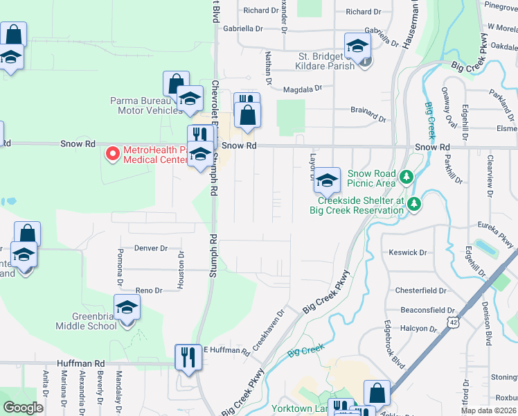 map of restaurants, bars, coffee shops, grocery stores, and more near 5937 Calamie Drive in Parma Heights