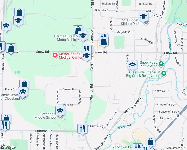 map of restaurants, bars, coffee shops, grocery stores, and more near 5942 Doxmere Drive in Parma Heights