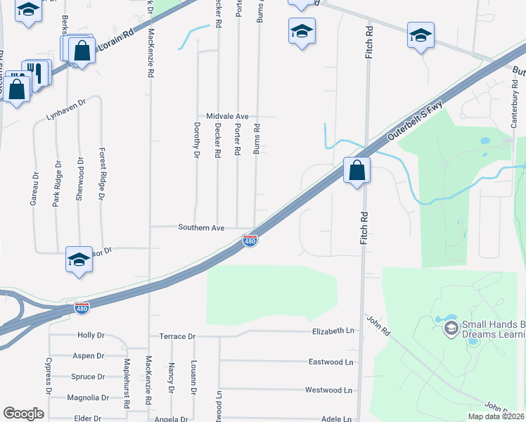 map of restaurants, bars, coffee shops, grocery stores, and more near 6091 Burns Road in North Olmsted
