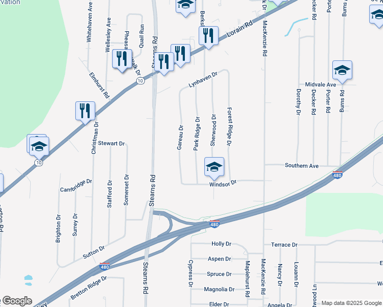 map of restaurants, bars, coffee shops, grocery stores, and more near 6112 Park Ridge Drive in North Olmsted