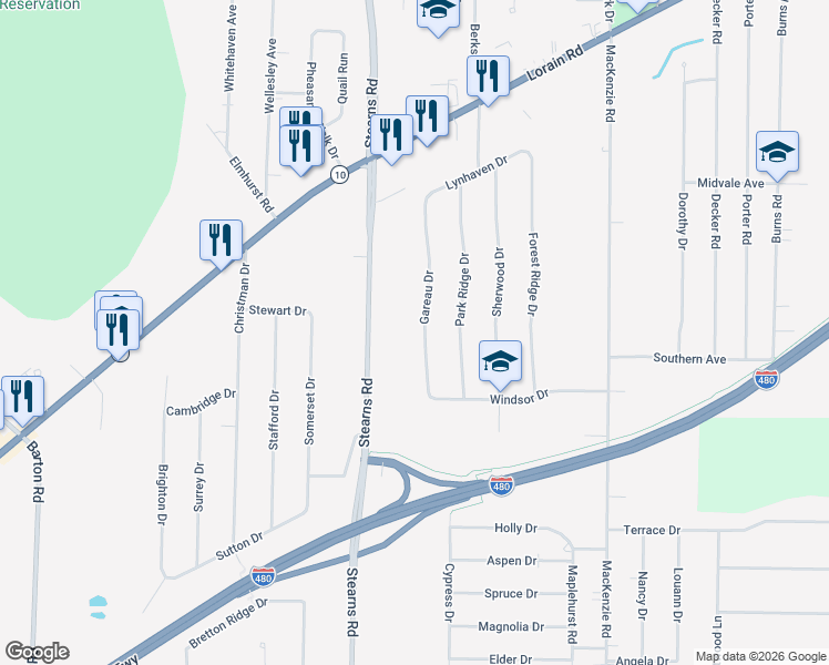 map of restaurants, bars, coffee shops, grocery stores, and more near 6114 Gareau Drive in North Olmsted